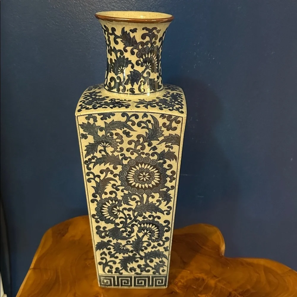 Vintage Takahashi Japanese Blue Floral Vase - Greek Key Design along Base 14”